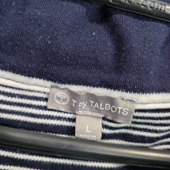 Womens T By Talbots Navy & White Striped Pullover Sweater Drawstring Cowl Neck L - Picture 2 of 7